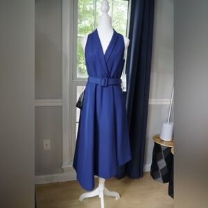 Size 6 Kay Unger Sleeveless Wrap Midi Dress with Belt in Blue